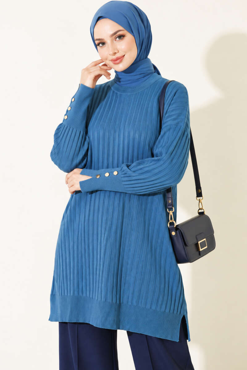 Ribbed Mercerized Tunic with Buttoned Cuffs Indigo – Bild 3