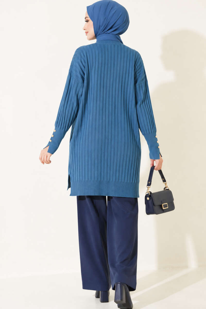 Ribbed Mercerized Tunic with Buttoned Cuffs Indigo – Bild 4