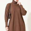 Ribbed Mercerized Tunic with Buttoned Cuffs Brown