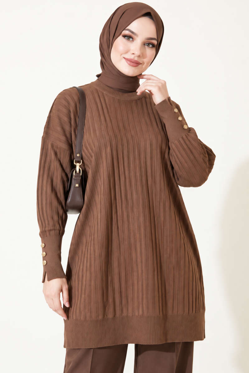 Ribbed Mercerized Tunic with Buttoned Cuffs Brown