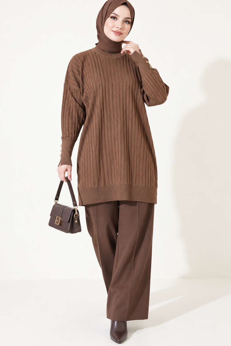 Ribbed Mercerized Tunic with Buttoned Cuffs Brown - Imagen 2