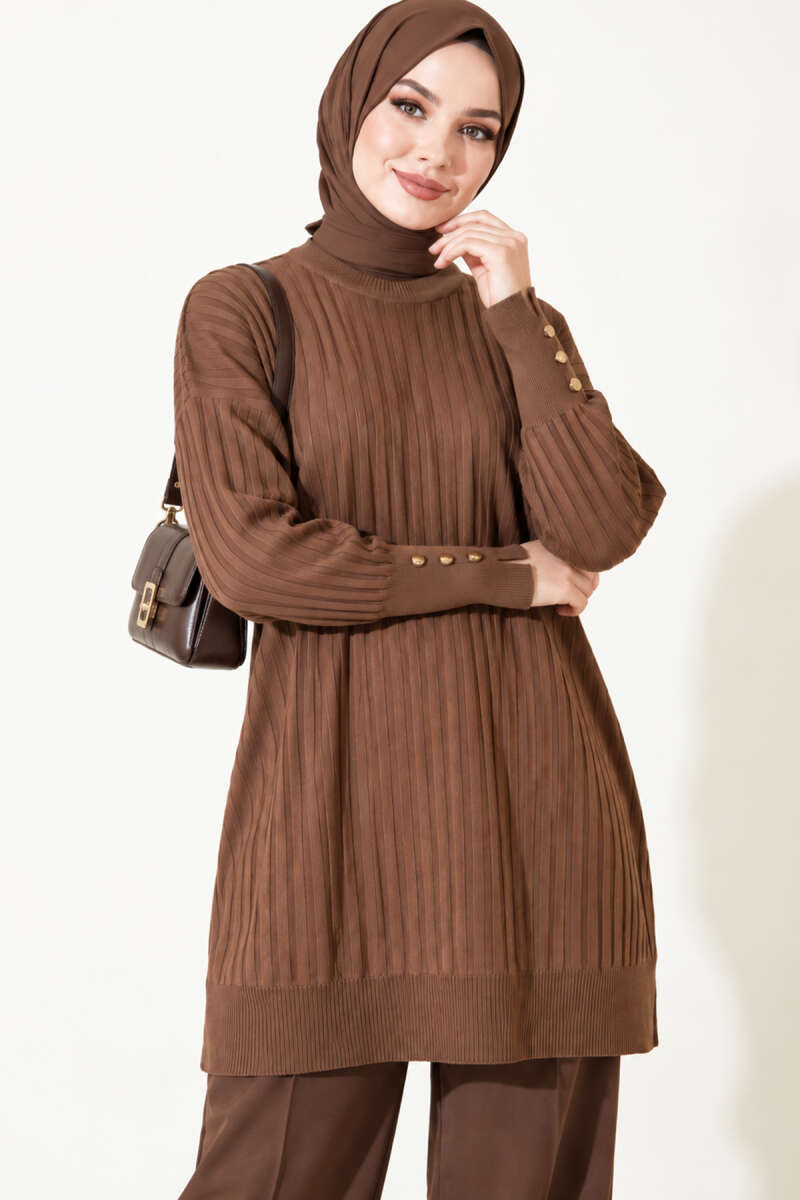 Ribbed Mercerized Tunic with Buttoned Cuffs Brown - Imagen 3