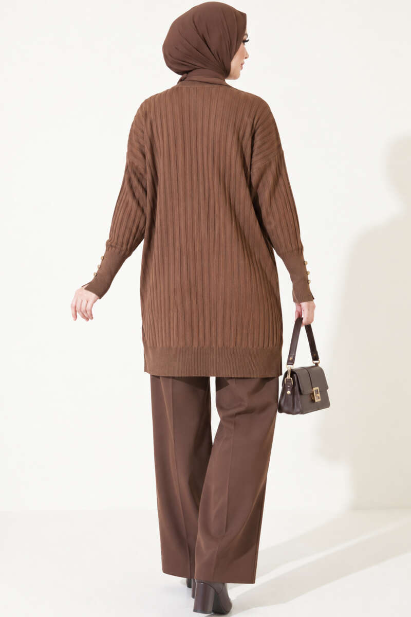 Ribbed Mercerized Tunic with Buttoned Cuffs Brown - Imagen 4