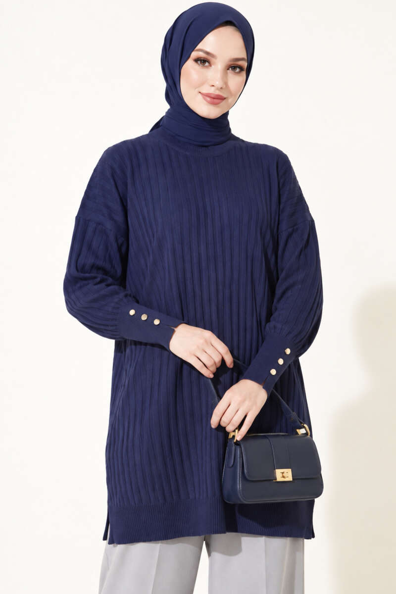 Ribbed Mercerized Tunic with Buttoned Cuffs Navy Blue
