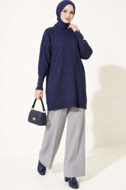 Alternative view of Ribbed Mercerized Tunic with Buttoned Cuffs Navy Blue