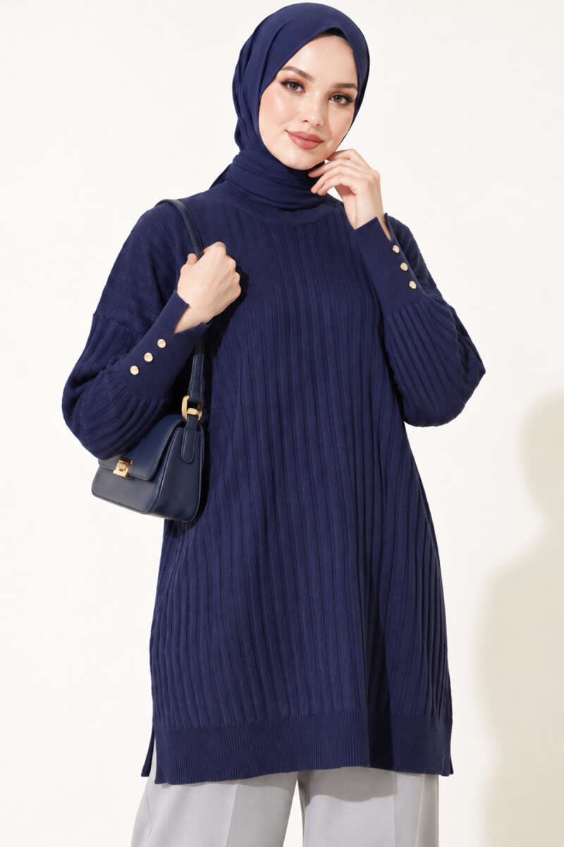 Ribbed Mercerized Tunic with Buttoned Cuffs Navy Blue - Imagen 3