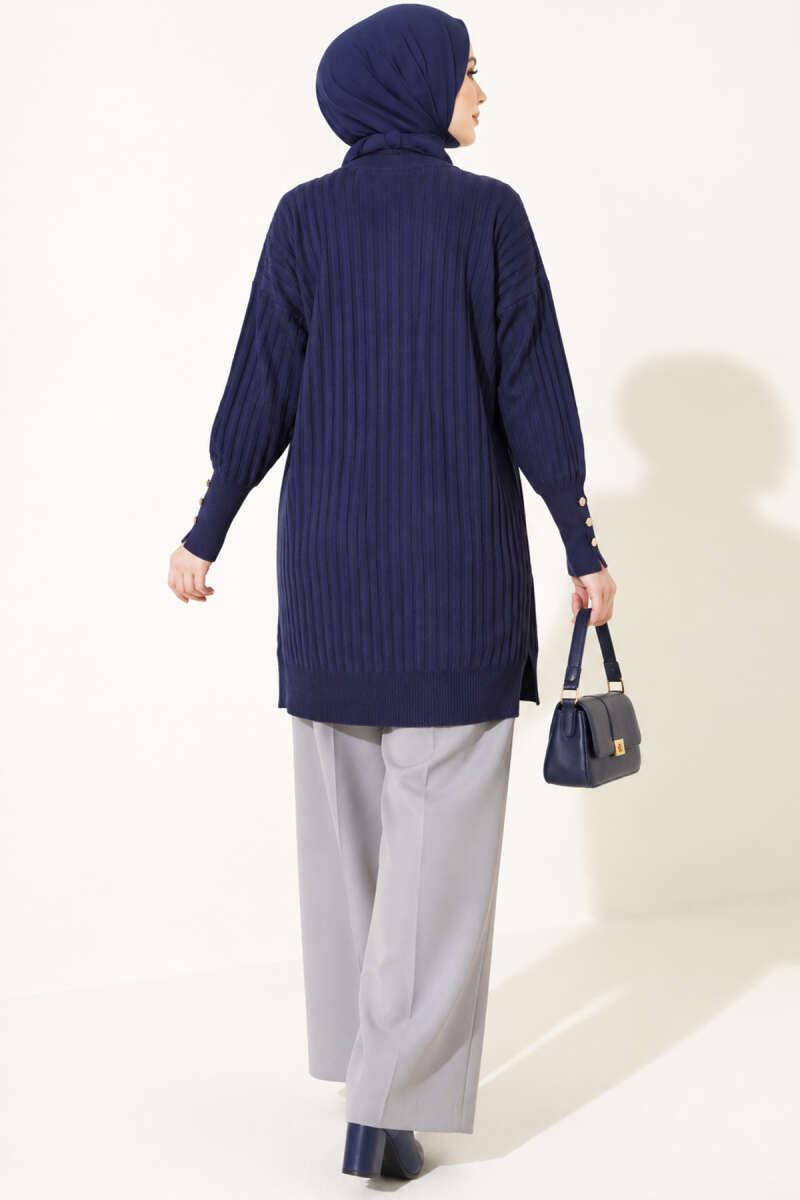 Ribbed Mercerized Tunic with Buttoned Cuffs Navy Blue - Imagen 4