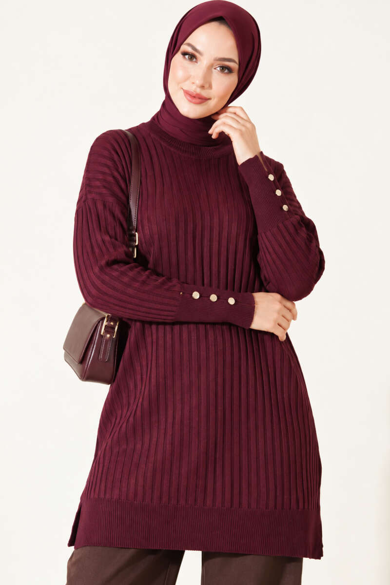 Ribbed Mercerized Tunic with Buttoned Cuffs Plum