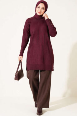 Alternative view of Ribbed Mercerized Tunic with Buttoned Cuffs Plum