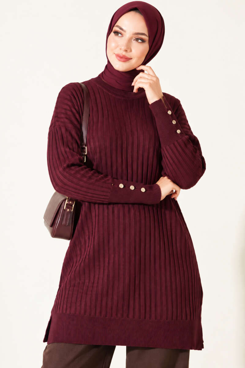 Ribbed Mercerized Tunic with Buttoned Cuffs Plum – Bild 3