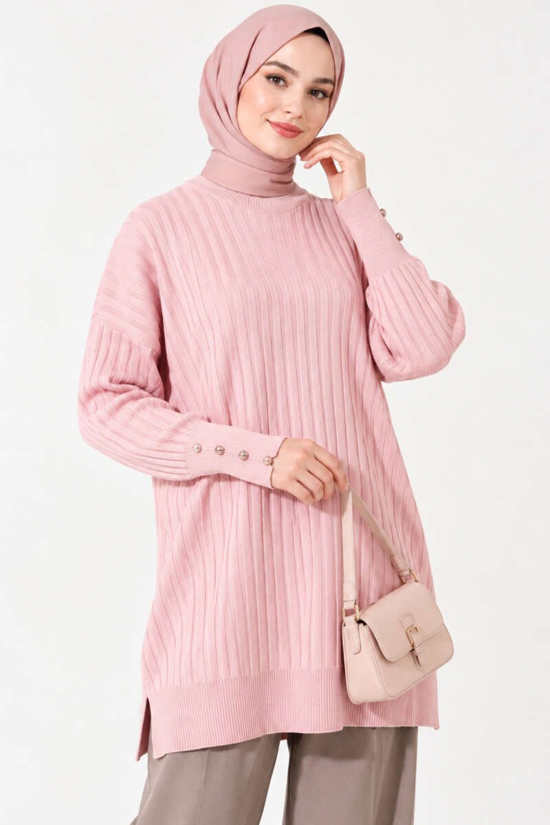 Ribbed Mercerized Tunic with Buttoned Cuffs Powder Pink