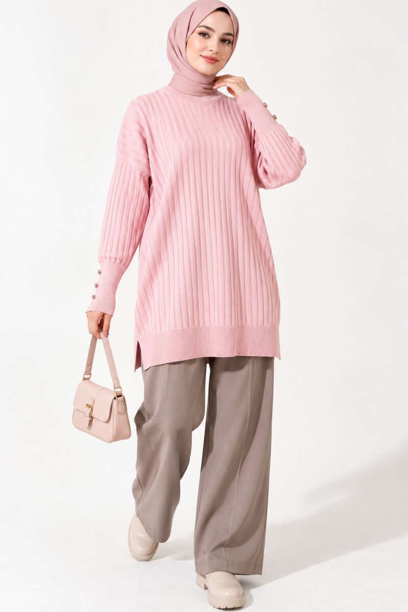 Ribbed Mercerized Tunic with Buttoned Cuffs Powder Pink – Bild 2