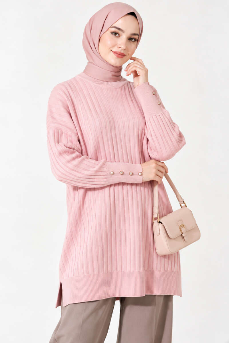 Ribbed Mercerized Tunic with Buttoned Cuffs Powder Pink – Bild 3