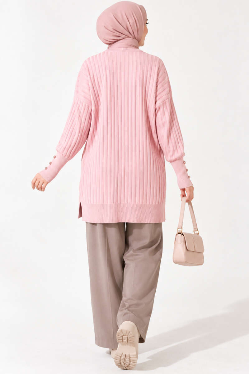 Ribbed Mercerized Tunic with Buttoned Cuffs Powder Pink – Bild 4