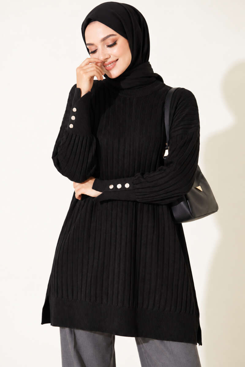 Ribbed Mercerized Tunic with Buttoned Cuffs Black