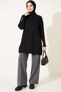 Alternative view of Ribbed Mercerized Tunic with Buttoned Cuffs Black