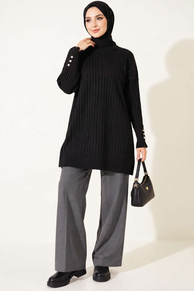 Ribbed Mercerized Tunic with Buttoned Cuffs Black - Afbeelding 2