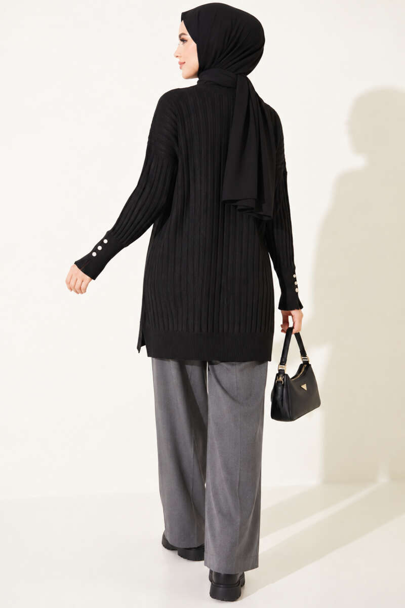 Ribbed Mercerized Tunic with Buttoned Cuffs Black - Afbeelding 3