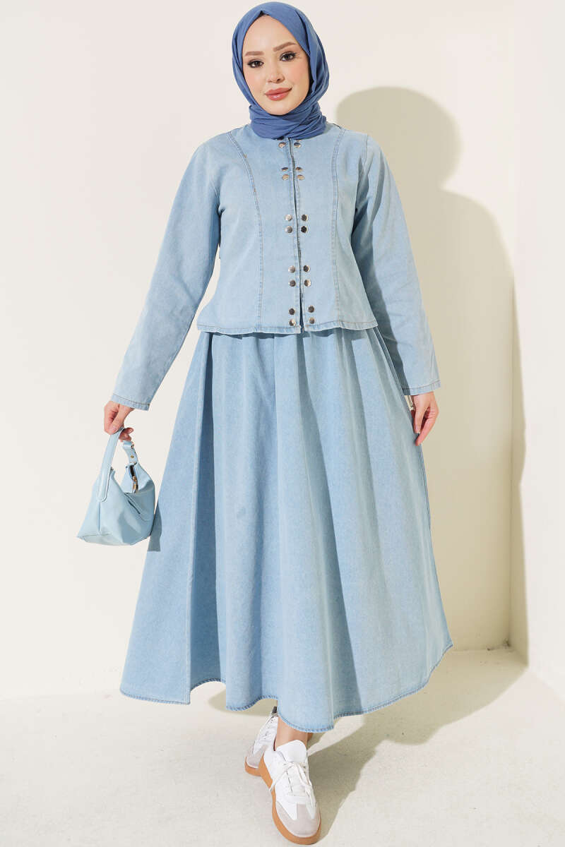 Metal Snap Button Hem Edge French Terry Two-Piece Set Light Blue