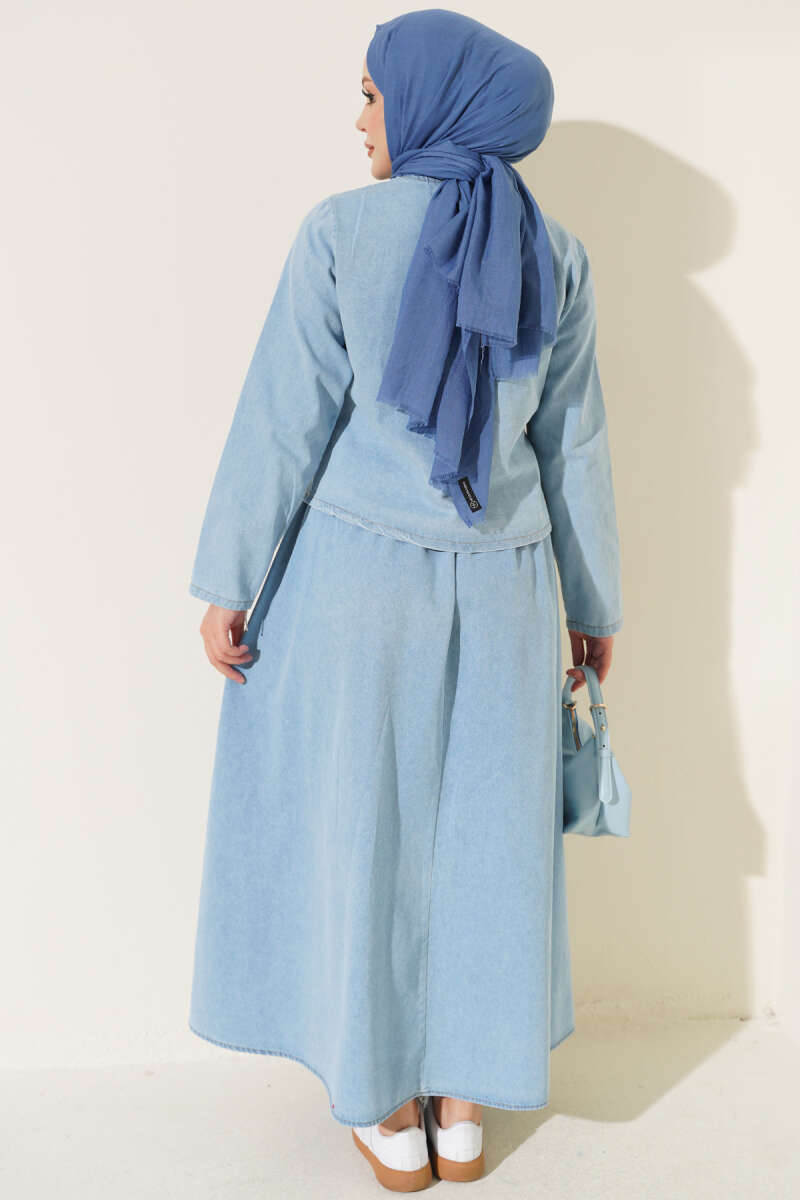 Metal Snap Button Hem Edge French Terry Two-Piece Set Light Blue - الصورة 3