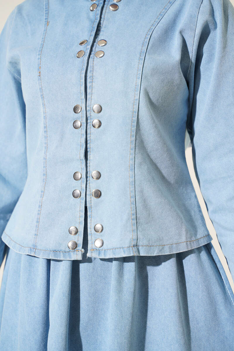 Metal Snap Button Hem Edge French Terry Two-Piece Set Light Blue - الصورة 4