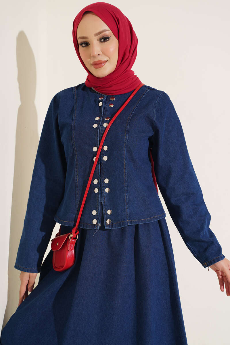 Metal Snap Button Hem Edge French Terry Two-Piece Set Blue - Imagen 2