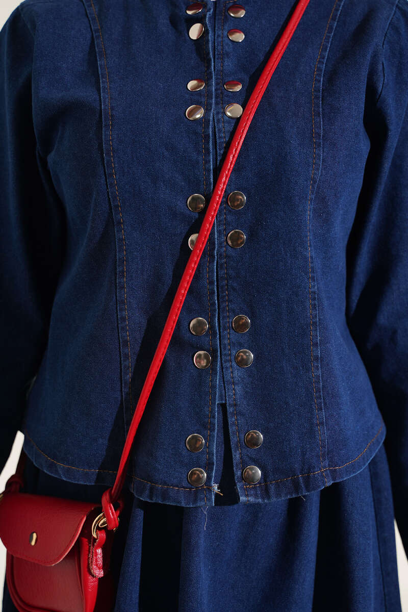 Metal Snap Button Hem Edge French Terry Two-Piece Set Blue - Imagen 4