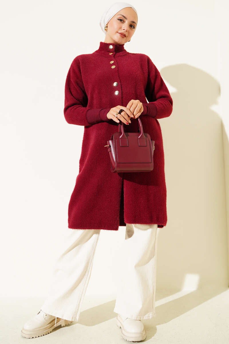 Buttoned Metal-Button Bearded Cardigan Burgundy - Imagen 2