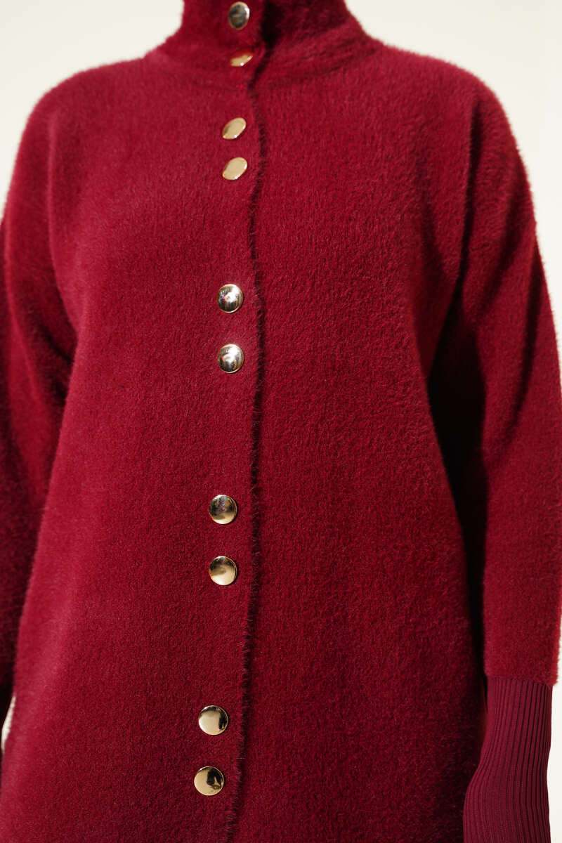Buttoned Metal-Button Bearded Cardigan Burgundy - Imagen 4