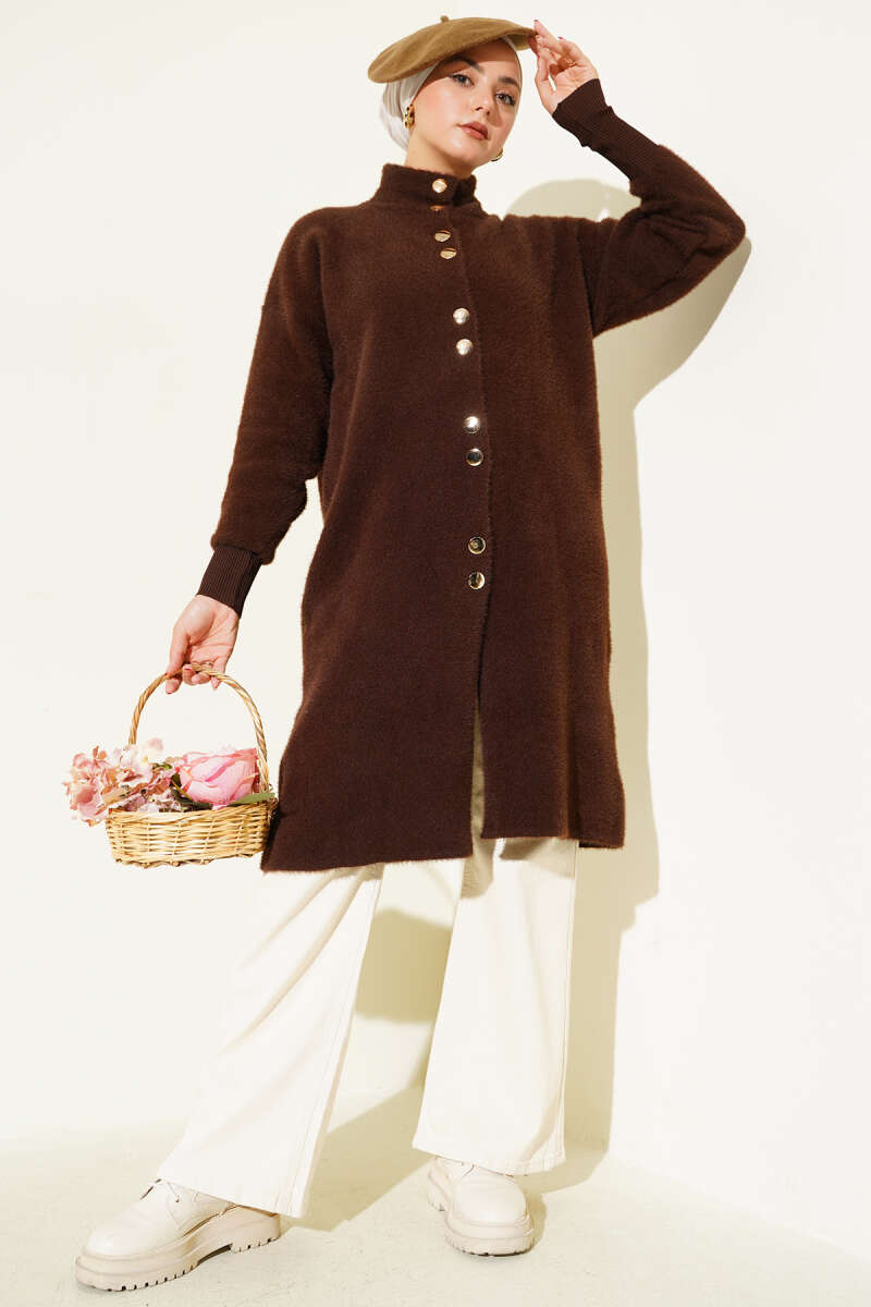 Buttoned Metal-Button Bearded Cardigan Brown