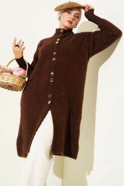 Alternative view of Buttoned Metal-Button Bearded Cardigan Brown