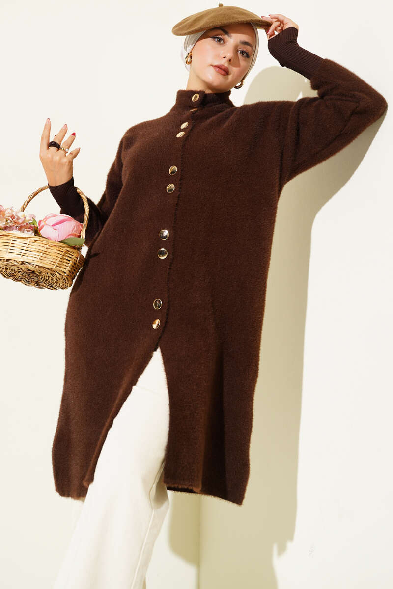 Buttoned Metal-Button Bearded Cardigan Brown - الصورة 2