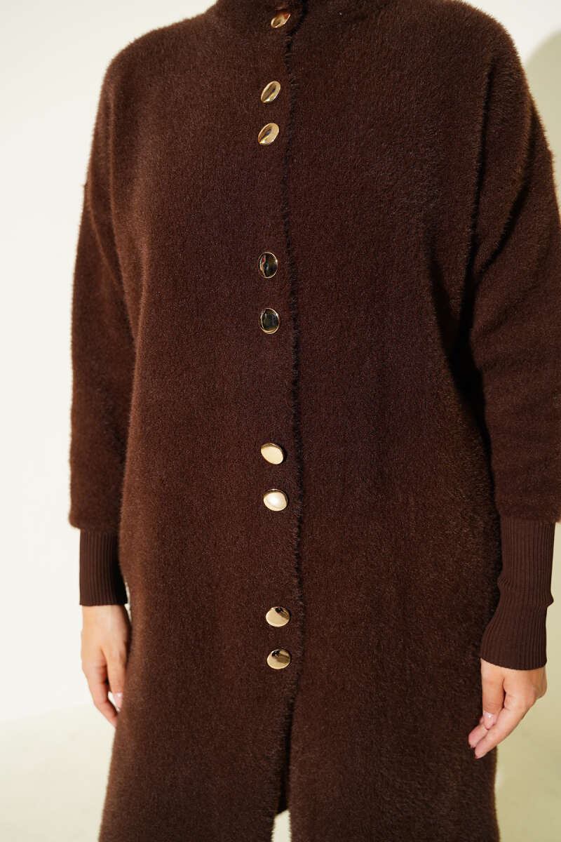 Buttoned Metal-Button Bearded Cardigan Brown - الصورة 4