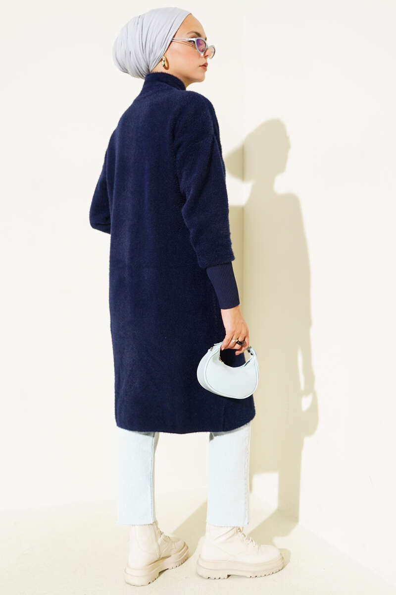 Buttoned Metal-Button Bearded Cardigan Navy Blue - الصورة 3