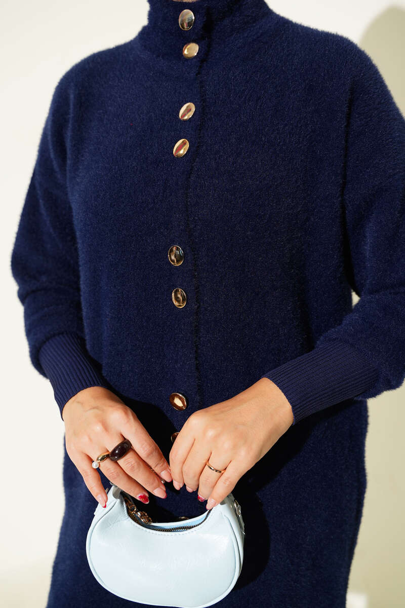 Buttoned Metal-Button Bearded Cardigan Navy Blue - الصورة 4