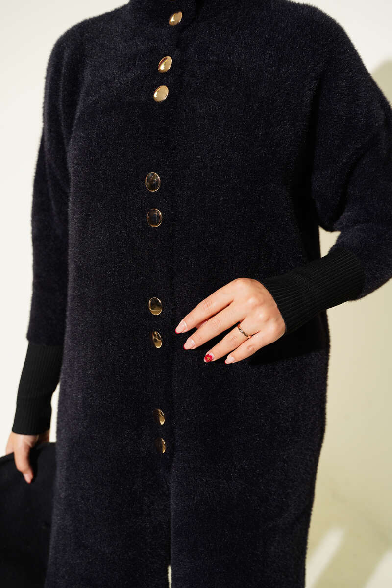 Buttoned Metal-Button Bearded Cardigan Black - الصورة 4