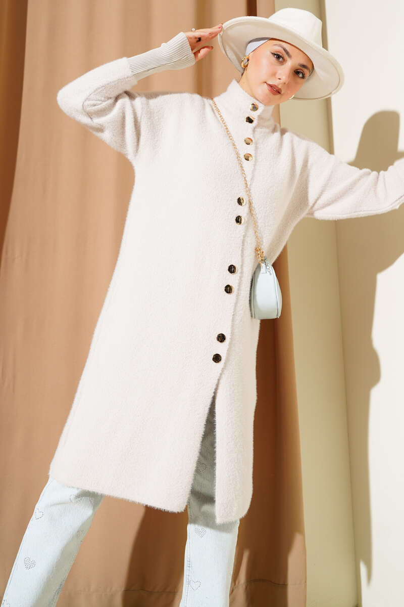 Buttoned Metal-Button Bearded Cardigan Stone