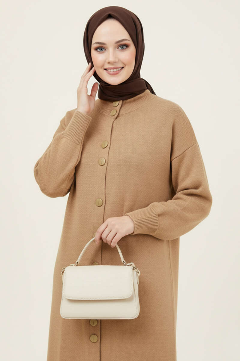 Metal Gold Button Long Knit Cardigan Latte