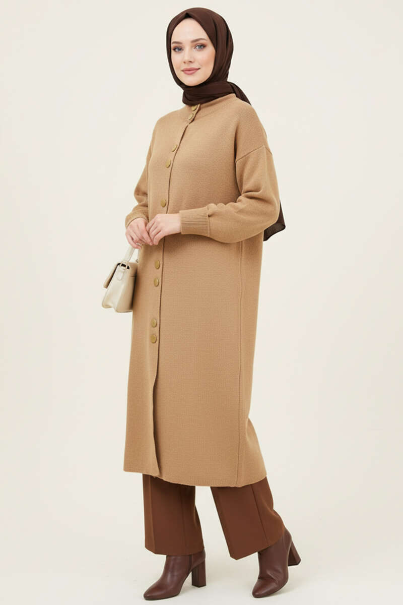 Metal Gold Button Long Knit Cardigan Latte - الصورة 2