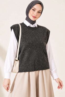 Alternative view of Mini Beaded French Terry Knit Sweater Smoke
