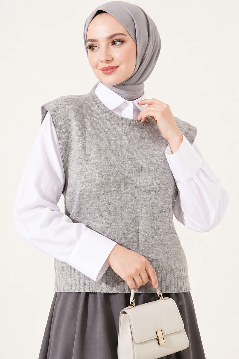 Mini Beaded French Terry Knit Sweater Grey