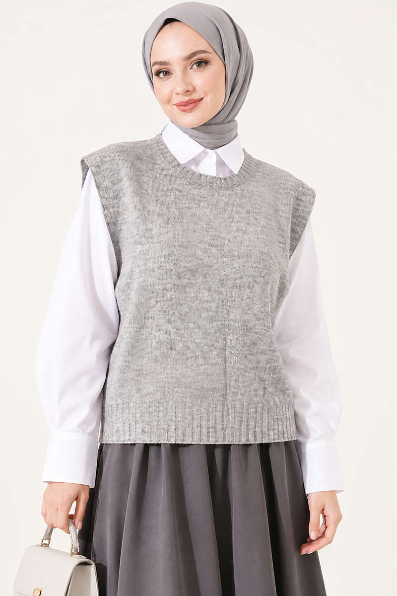 Mini Beaded French Terry Knit Sweater Grey - Imagen 2