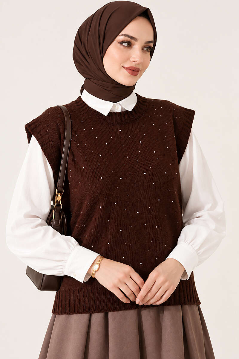 Mini Beaded French Terry Knit Sweater Brown