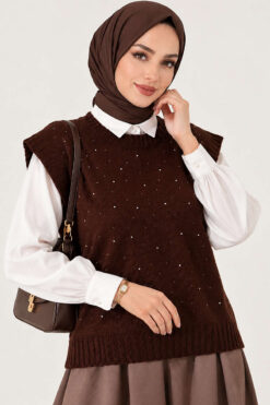 Alternative view of Mini Beaded French Terry Knit Sweater Brown