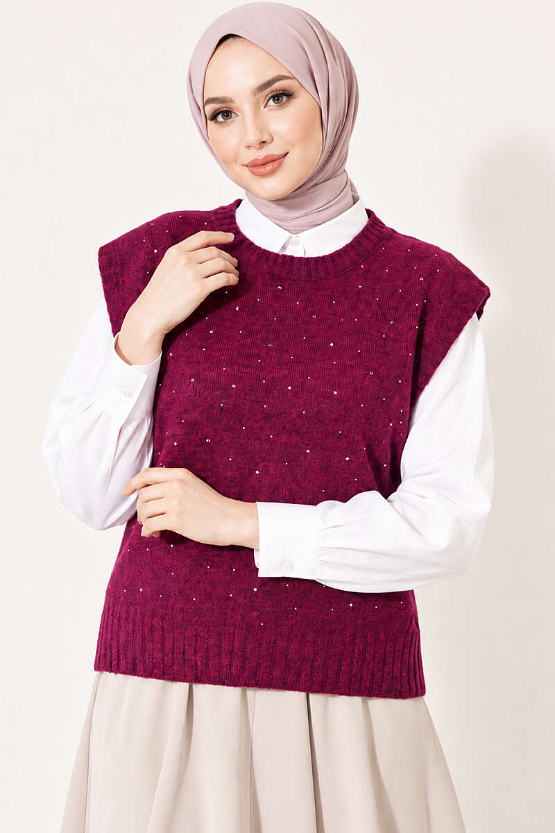 Mini Beaded French Terry Knit Sweater Magenta