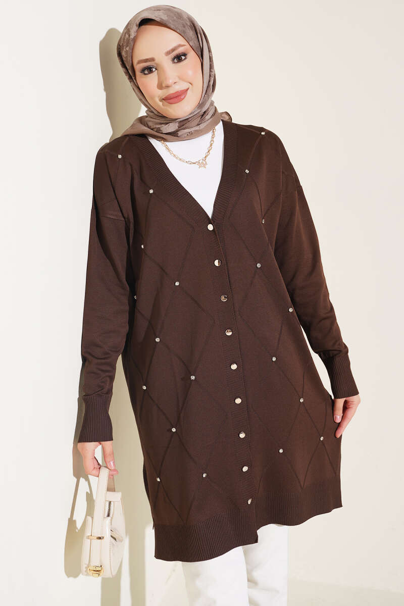 Mini Embellished French Terry Cardigan Brown