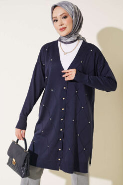 Mini Embellished French Terry Cardigan Navy Blue