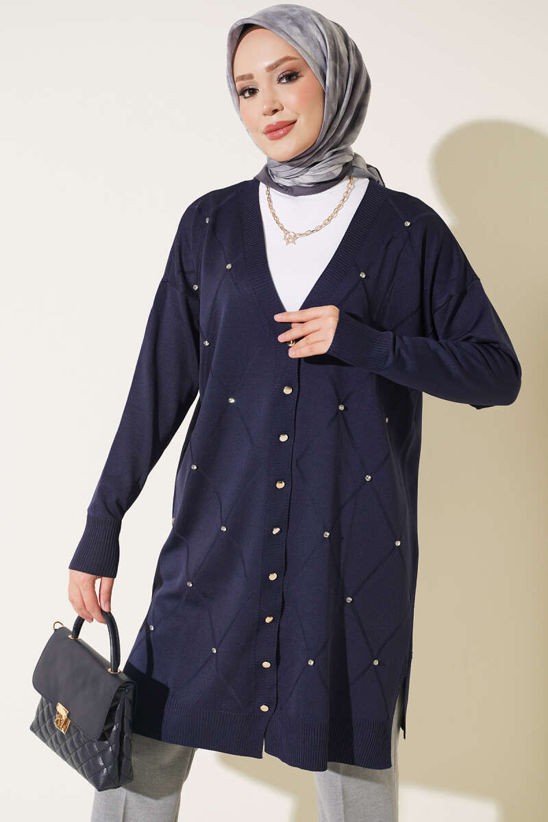 Mini Embellished French Terry Cardigan Navy Blue