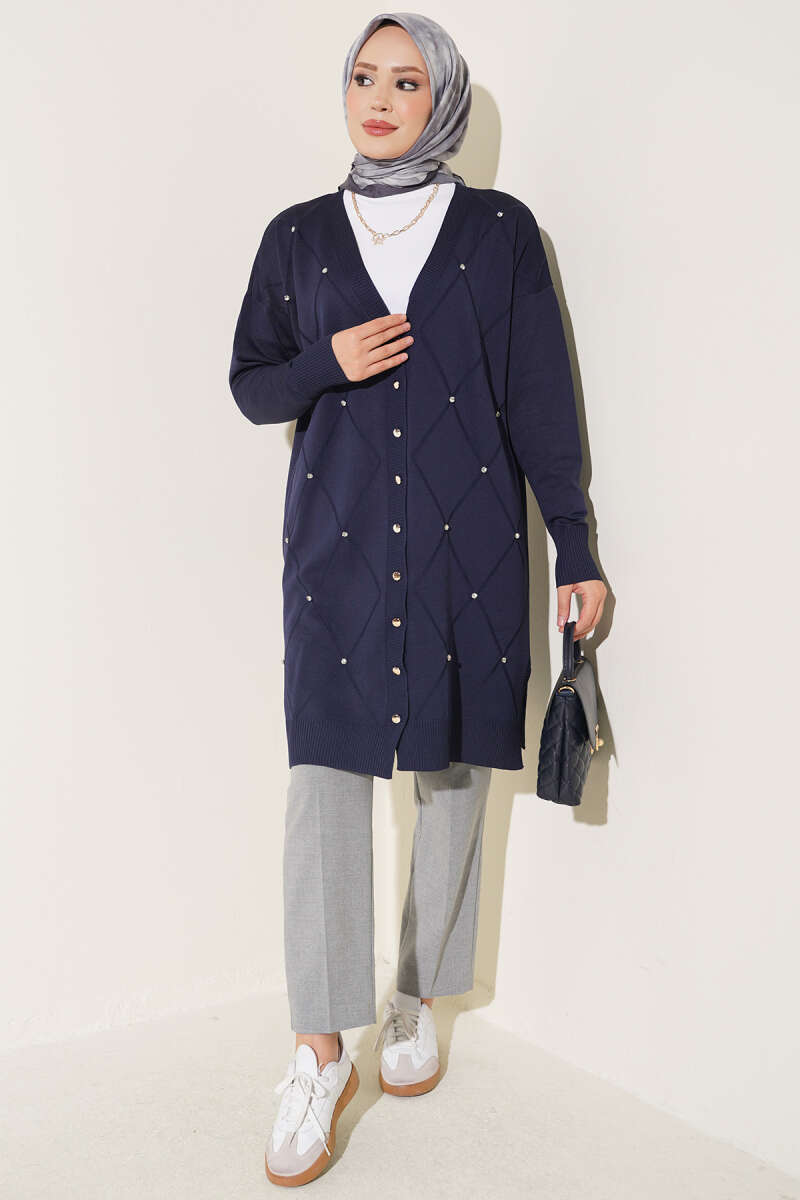 Mini Embellished French Terry Cardigan Navy Blue - Image 2