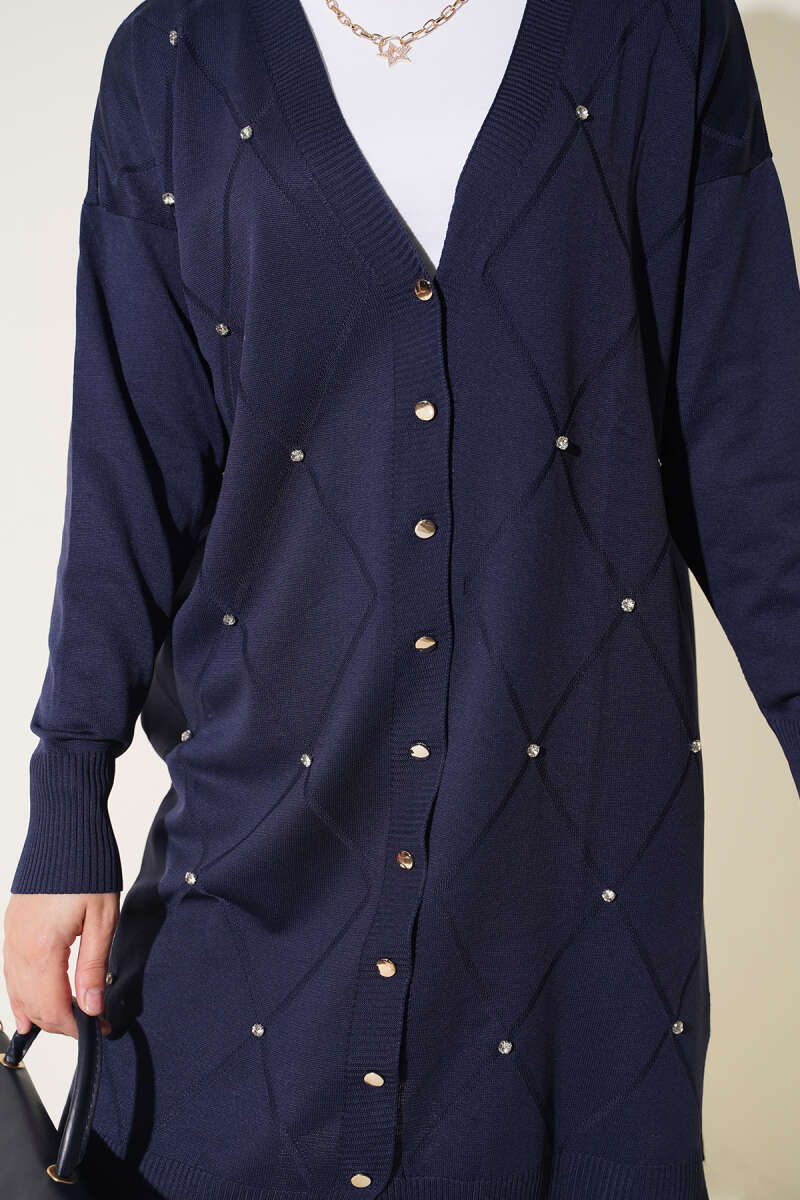 Mini Embellished French Terry Cardigan Navy Blue - Image 4